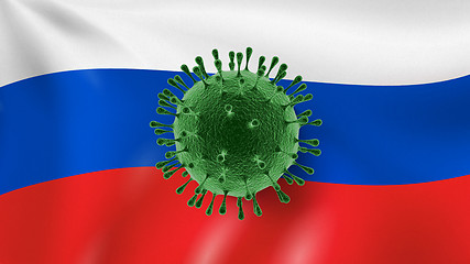 Image showing Model of Coronavirus on the background of Russian flag.