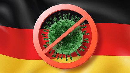 Image showing Warning sign with crossed out Coronavirus molecule on the background of German flag.