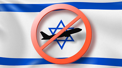 Image showing Prohibition sign with crossed out plane on the background of Israeli flag.