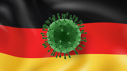 Image showing Model of Coronavirus on the background of German flag.