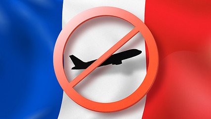 Image showing Forbbiden sign with crossed out plane on the background of French flag.