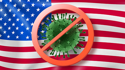 Image showing Warning sign with crossed out Coronavirus bacteria on the background of American flag.