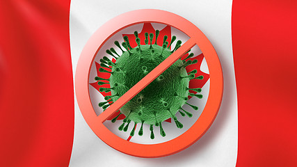 Image showing Warning sign with crossed out Coronavirus bacteria on the background of Canadian flag.