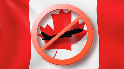 Image showing Warning sign with crossed out plane on the background of Canadian flag.