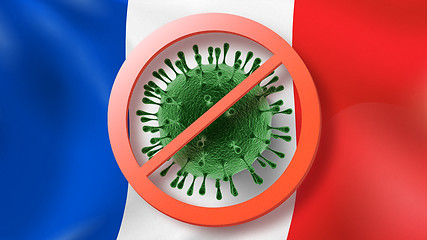 Image showing Warning sign with crossed out Coronavirus molecule on the background of French flag.