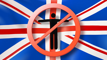 Image showing Prohibition sign with crossed out man on a background British flag.