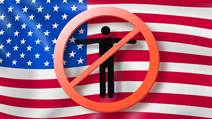 Image showing Warning sign with crossed out man on a background American flag.