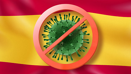 Image showing Warning sign with crossed out Coronavirus molecule on the background of Spanish flag.