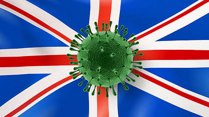 Image showing Coronavirus bacteria on the background of British flag.