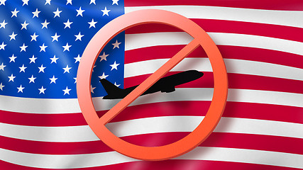 Image showing Warning sign with crossed out plane on the background of American flag.