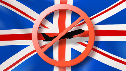 Image showing Warning sign with crossed out plane on the background of British flag.