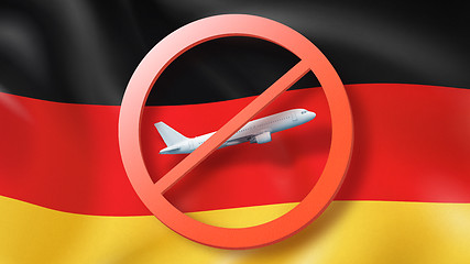 Image showing Prohibition sign with crossed out plane on the background of German flag.