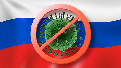 Image showing Prohibition sign with crossed out Coronavirus molecule on the background of Russian flag.