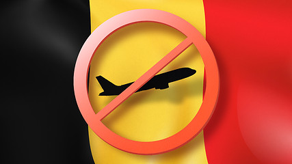 Image showing Forbbiden sign with crossed out plane on the background of Belgian flag.