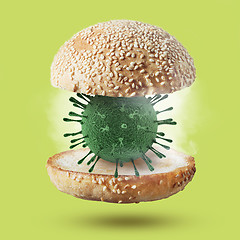 Image showing Burger bun with 3D model of Coronavirus molecule.