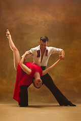 Image showing Flexible young modern dance couple posing in studio.