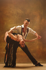 Image showing Flexible young modern dance couple posing in studio.