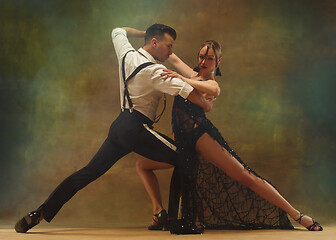 Image showing Flexible young modern dance couple posing in studio.