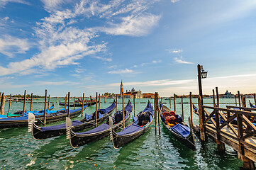 Image showing Venice, Italy, Gondolas parked in Grand Canal