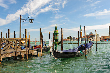 Image showing Venice, Italy, Gondolas parked in Grand Canal