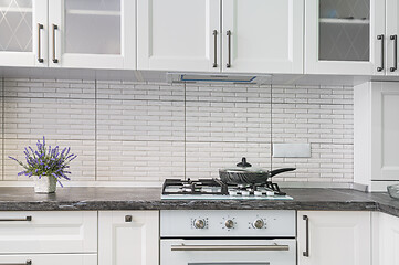 Image showing Modern white kitchen interior, front view