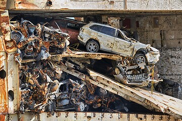 Image showing Pile of smashed car wrecks