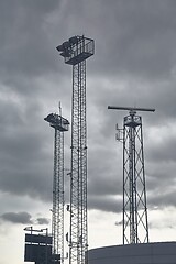 Image showing Radar tower against stormy sky