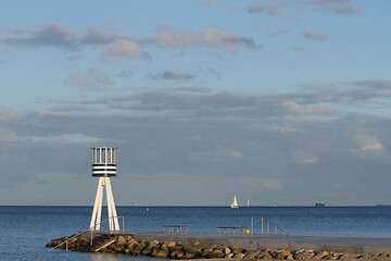 Image showing Lifeguard towers at a beach in Denmark