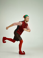 Image showing friendly man dressed like a funny gnome posing on gray background