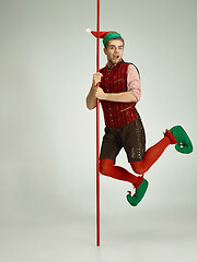 Image showing friendly man dressed like a funny gnome posing on gray background