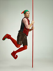 Image showing friendly man dressed like a funny gnome posing on gray background