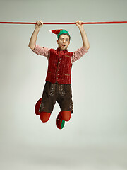 Image showing friendly man dressed like a funny gnome posing on gray background