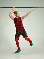 Image showing friendly man dressed like a funny gnome posing on gray background