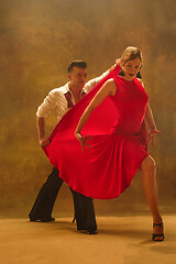 Image showing Flexible young modern dance couple posing in studio.