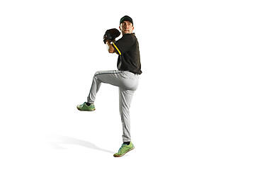 Image showing one caucasian man baseball player playing in studio