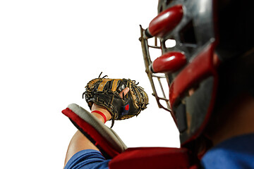 Image showing one caucasian man baseball player playing in studio silhouette isolated on white background