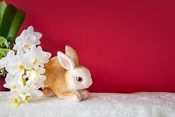 Image showing Easter decoration rabbit and orchid blossoms