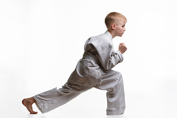 Image showing Martial arts student crouches and stretches his legs