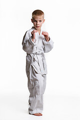 Image showing A boy stands in a rack, studying martial arts