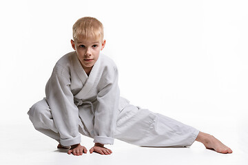 Image showing Judoka boy doing stretching at workout