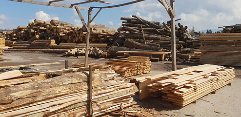 Image showing Pile of logs in a sawmill for further processing