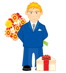 Image showing Young person with bouquet flower and gift