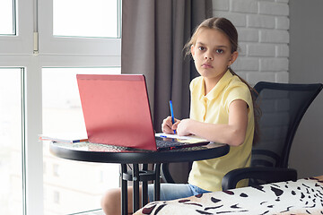 Image showing Upset girl doing homework online at home looked in frame
