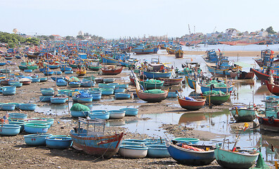 Image showing Colorful fishing boats on the beach 