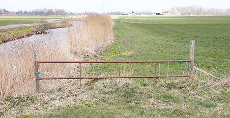 Image showing Metal fence and farm gate leading into grassy field