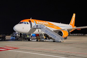 Image showing Aircraft at an airport at night