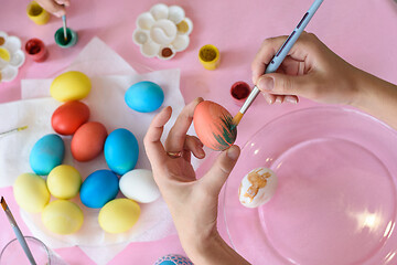 Image showing Hand paints a chicken egg on Easter