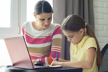 Image showing Tutor and teaching do homework by the window in the room