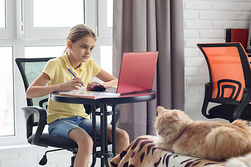 Image showing Girl watching a school lesson online, in quarantine at home