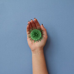 Image showing Female hand with model of Coronavirus bacteria.